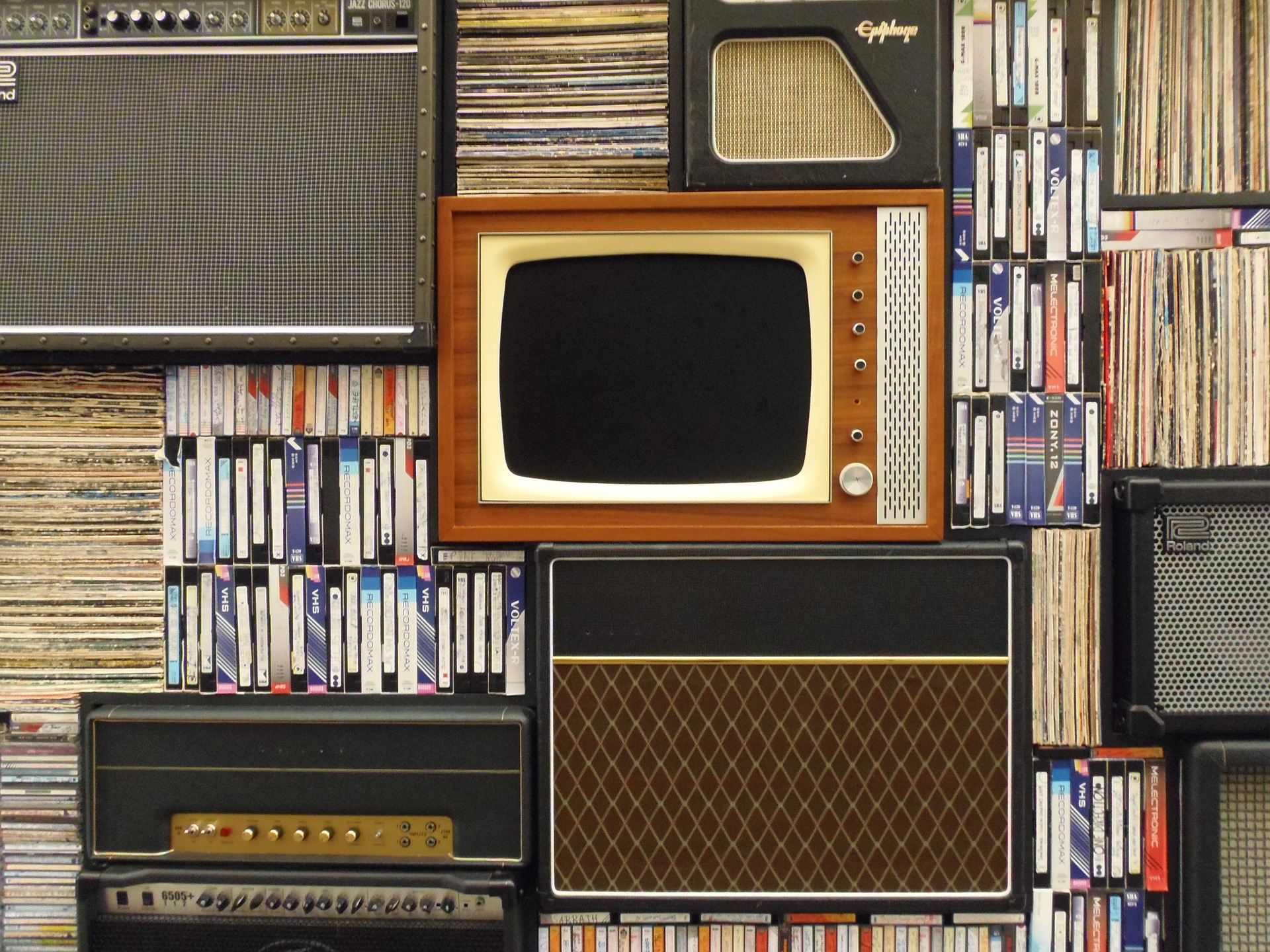 Old tv, cassette tapes and records 
